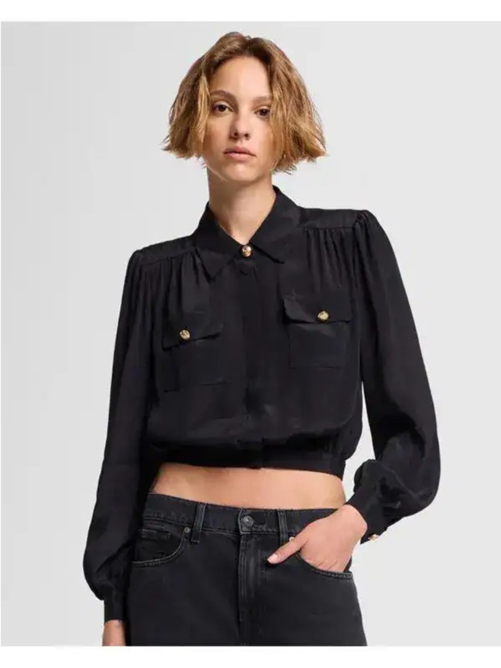 7 For All Mankind Black Cropped Button-Front Blouse with Gold Buttons